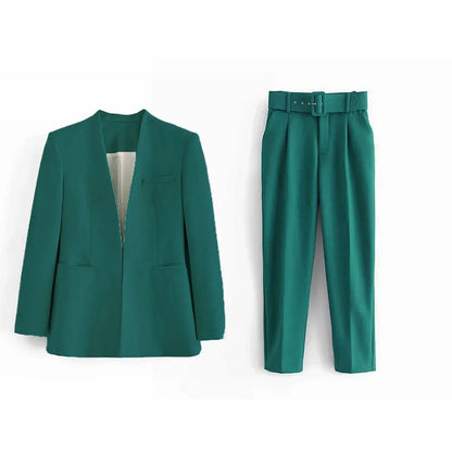 Women's Solid Color Office Coat & High Waist Pants