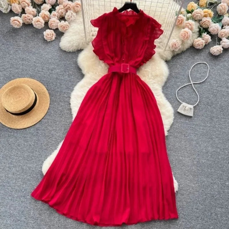 Women's Stand Collar Puffy Sleeves Gored Skirt Dress