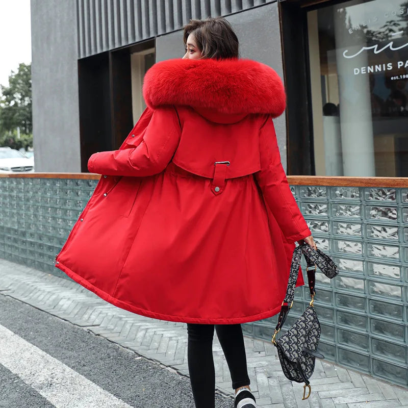 Women's Thick Warm Fur Collar Long Hooded Parka