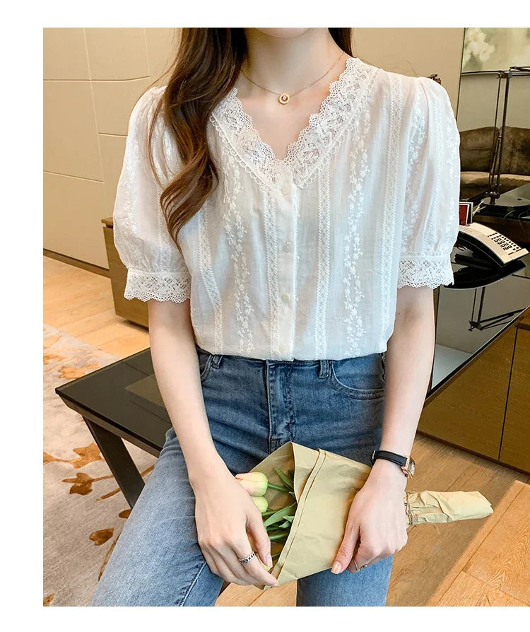 Women's V-Neck Short Sleeve White Lace Blouse