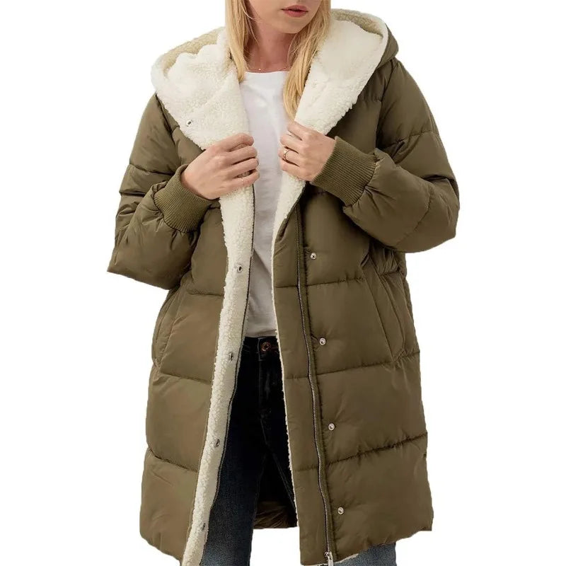 Women's Warm Sherpa Long Hooded Puffer Jacket