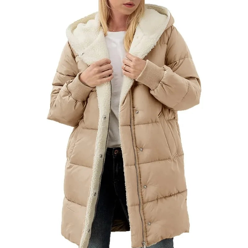 Women's Warm Sherpa Long Hooded Puffer Jacket