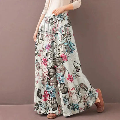 Women's Wide Leg Elastic Floral Tribal Print Pants Trousers