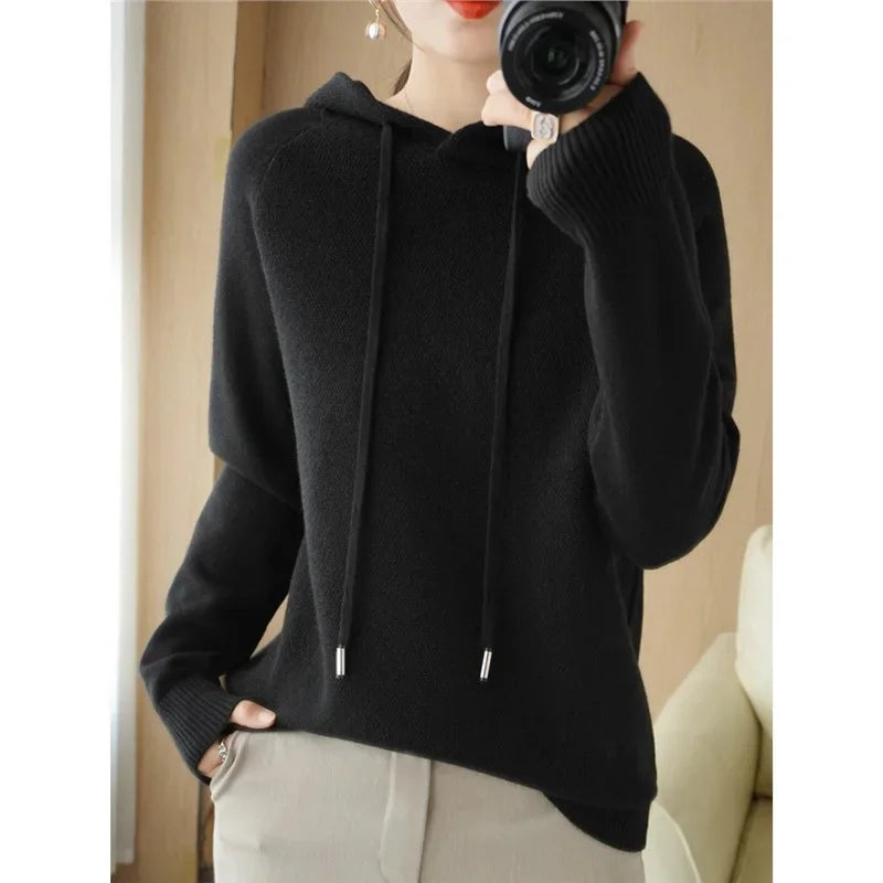 Women's Winter Loose Fit Wool Hooded Sweater